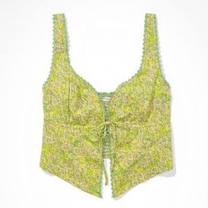American Eagle Outfitters Green Floral Lace-Up Tank